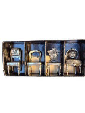 NIB Set Of 4 Vintage Pewter Miniature Chairs By U.P. 1996 With Ornate Designs